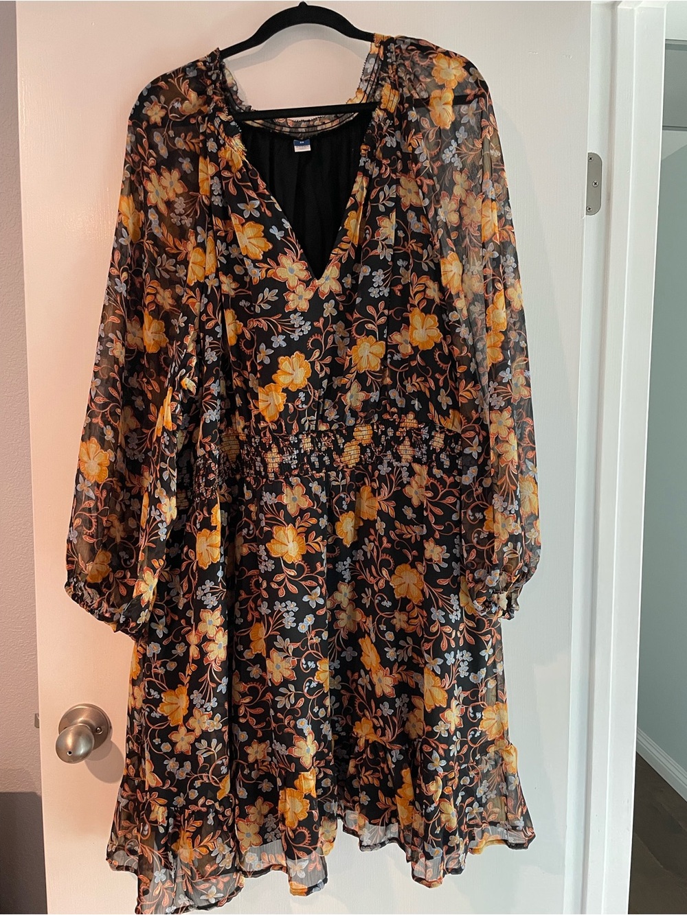 Old Navy Autumn Floral Long-Sleeve V-Neck Smocked Dress